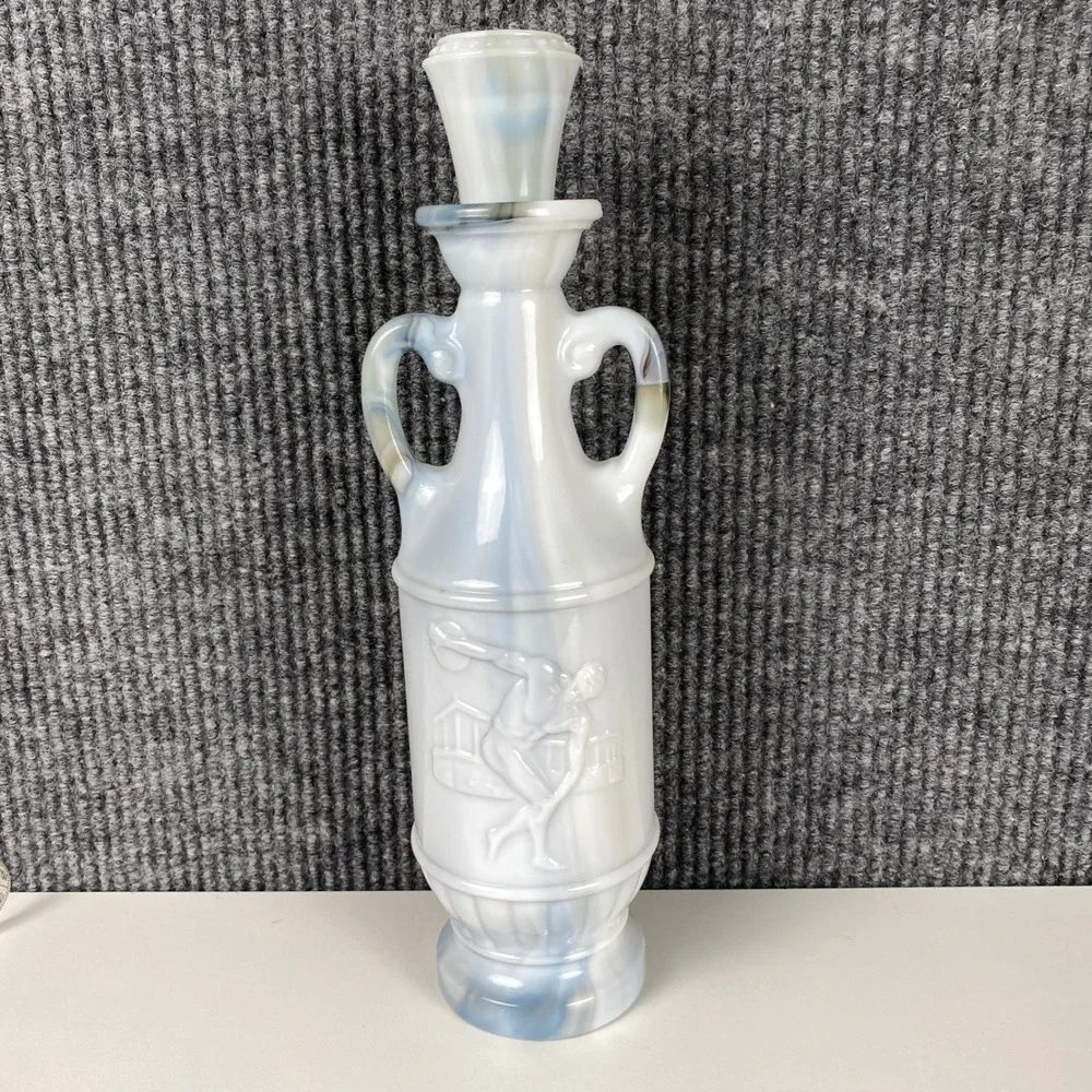 Vintage Lord Calvert Canadian Whisky Slag Glass Decanter Discus Thrower White
